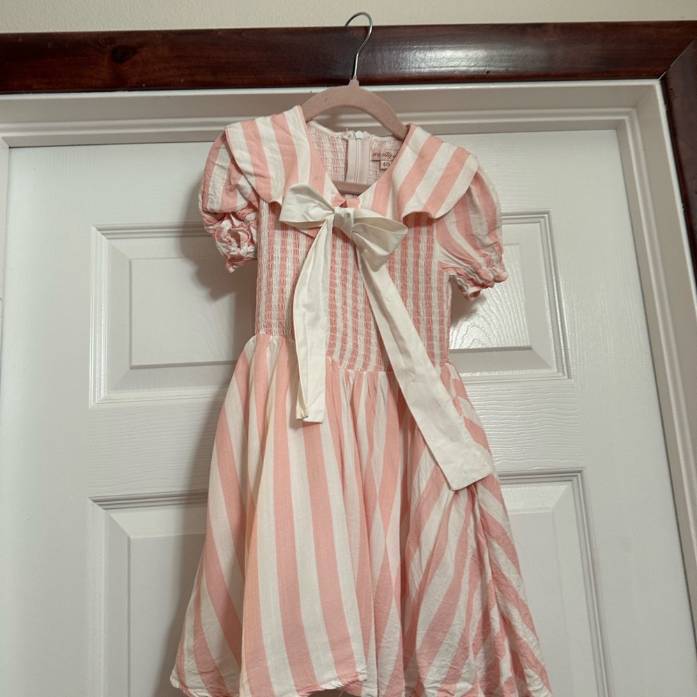 Ivy City Co mini Alice Pink and White Striped Sailor‑Style Dress with Bow